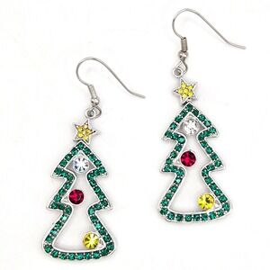 Silver Tone Green Rhinestone Christmas Tree Drop Earrings Holiday‎ Jewelry Star
